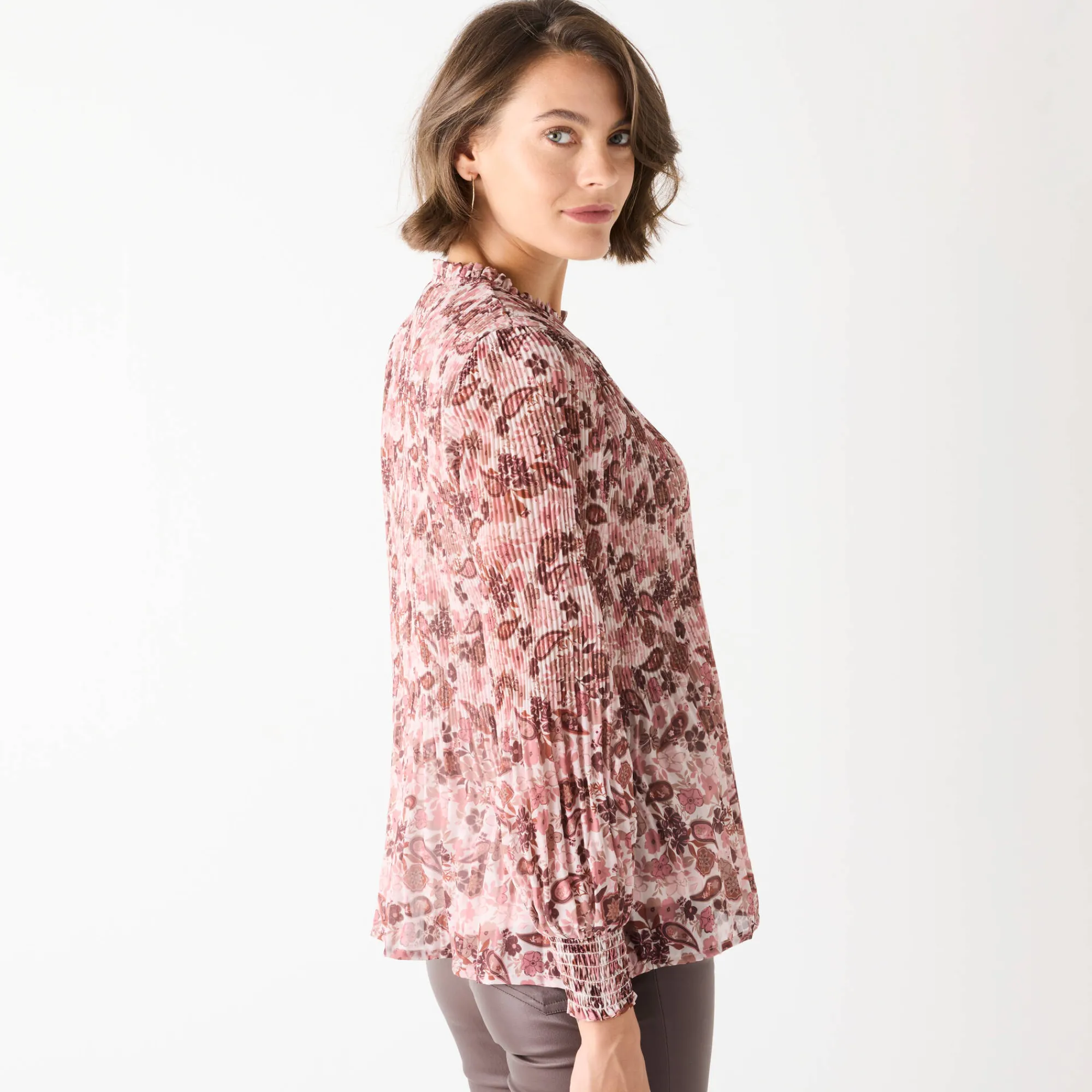 Feestoutfits Dames|Bloes En Tuniek<Blancheporte Bloes met plissé en bloemenprint, in voile roze / chocolade