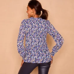 Feestoutfits Dames|Bloes En Tuniek<Blancheporte Bloes met plissé en bloemenprint, in voile marine / blauw