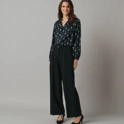 Feestoutfits Dames|Bloes En Tuniek<Lora Zellini Bloes met ruchekraag, bedrukte crêpe zwart / ecru