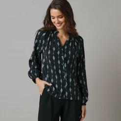 Feestoutfits Dames|Bloes En Tuniek<Lora Zellini Bloes met ruchekraag, bedrukte crêpe zwart / ecru