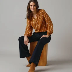 Feestoutfits Dames|Bloes En Tuniek<Lora Zellini Bloes met ruchekraag, bedrukte crêpe honing / ecru