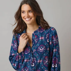 Feestoutfits Dames|Bloes En Tuniek<Lora Zellini Bloes met ruchekraag en pofmouwen, bloemenprint blauw