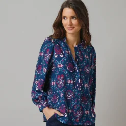 Feestoutfits Dames|Bloes En Tuniek<Lora Zellini Bloes met ruchekraag en pofmouwen, bloemenprint blauw