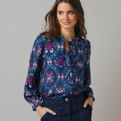 Feestoutfits Dames|Bloes En Tuniek<Lora Zellini Bloes met ruchekraag en pofmouwen, bloemenprint blauw