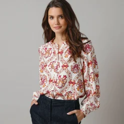 Bloes En Tuniek<Lora Zellini Bloes met ruchekraag en pofmouwen, bloemenprint ecru
