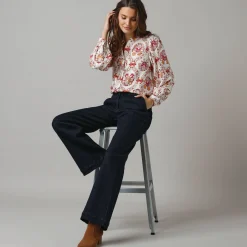 Bloes En Tuniek<Lora Zellini Bloes met ruchekraag en pofmouwen, bloemenprint ecru