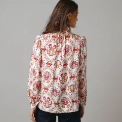 Bloes En Tuniek<Lora Zellini Bloes met ruchekraag en pofmouwen, bloemenprint ecru