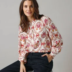 Bloes En Tuniek<Lora Zellini Bloes met ruchekraag en pofmouwen, bloemenprint ecru