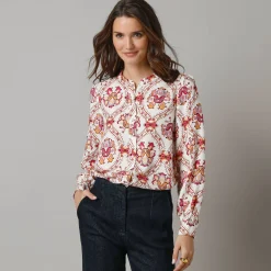 Bloes En Tuniek<Lora Zellini Bloes met ruchekraag en pofmouwen, bloemenprint ecru