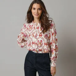 Bloes En Tuniek<Lora Zellini Bloes met ruchekraag en pofmouwen, bloemenprint ecru
