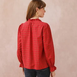 Bloes En Tuniek<Blancheporte Bloes met smokwerk aan de gefronste hals, ruitjesmotief rood