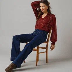 Feestoutfits Dames|Bloes En Tuniek<Lora Zellini Bloes met smokwerk in crepon, glansdraad bordeaux