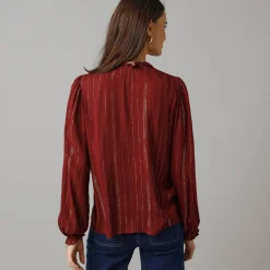 Feestoutfits Dames|Bloes En Tuniek<Lora Zellini Bloes met smokwerk in crepon, glansdraad bordeaux