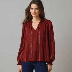 Feestoutfits Dames|Bloes En Tuniek<Lora Zellini Bloes met smokwerk in crepon, glansdraad bordeaux