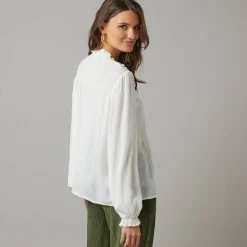 Bloes En Tuniek<Lora Zellini Bloes met smokwerk in crepon, glansdraad ecru