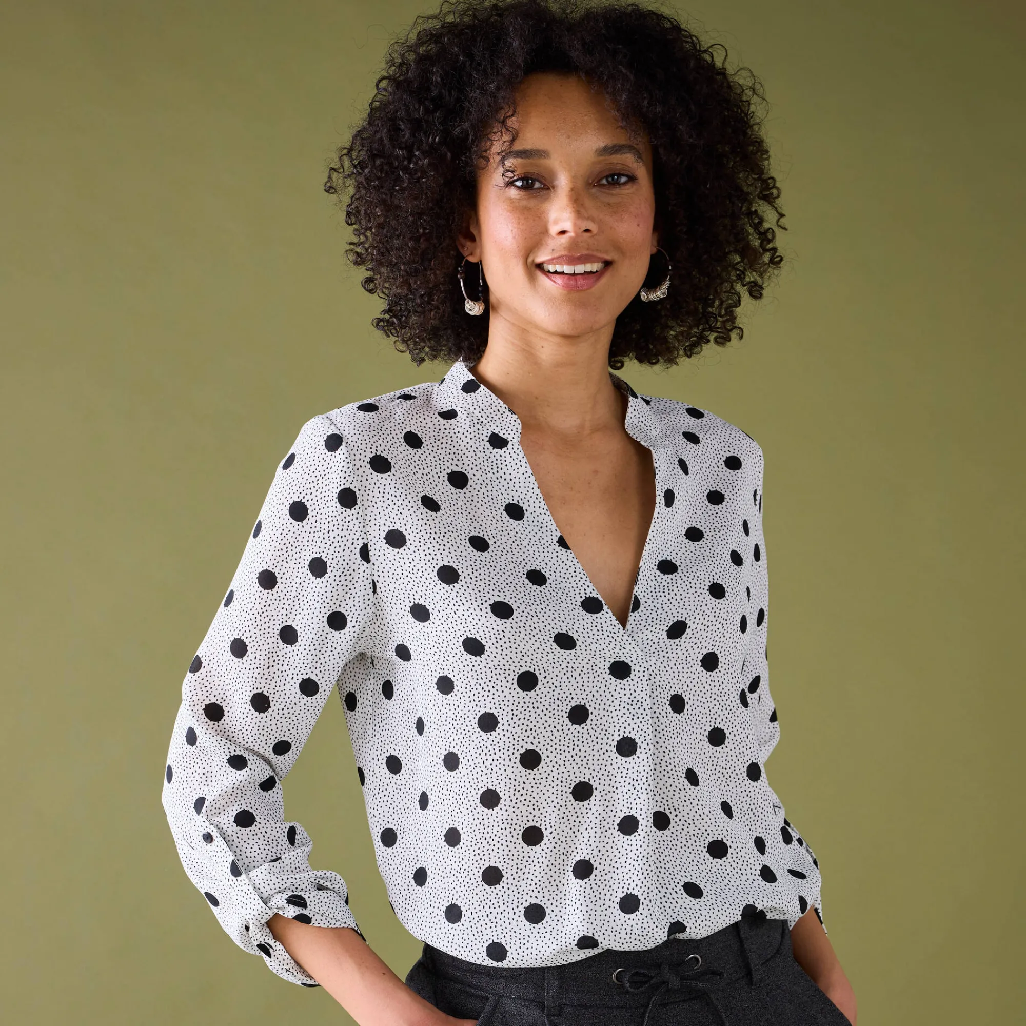 Bloes En Tuniek<Blancheporte Bloes met stippenprint en Tunesische hals, crêpe ecru / zwart