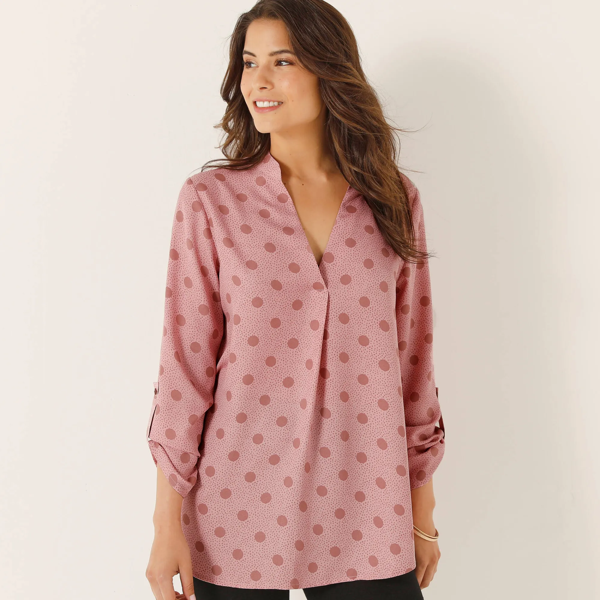 Bloes En Tuniek<Blancheporte Bloes met stippenprint en Tunesische hals, crêpe poederroze / taupe