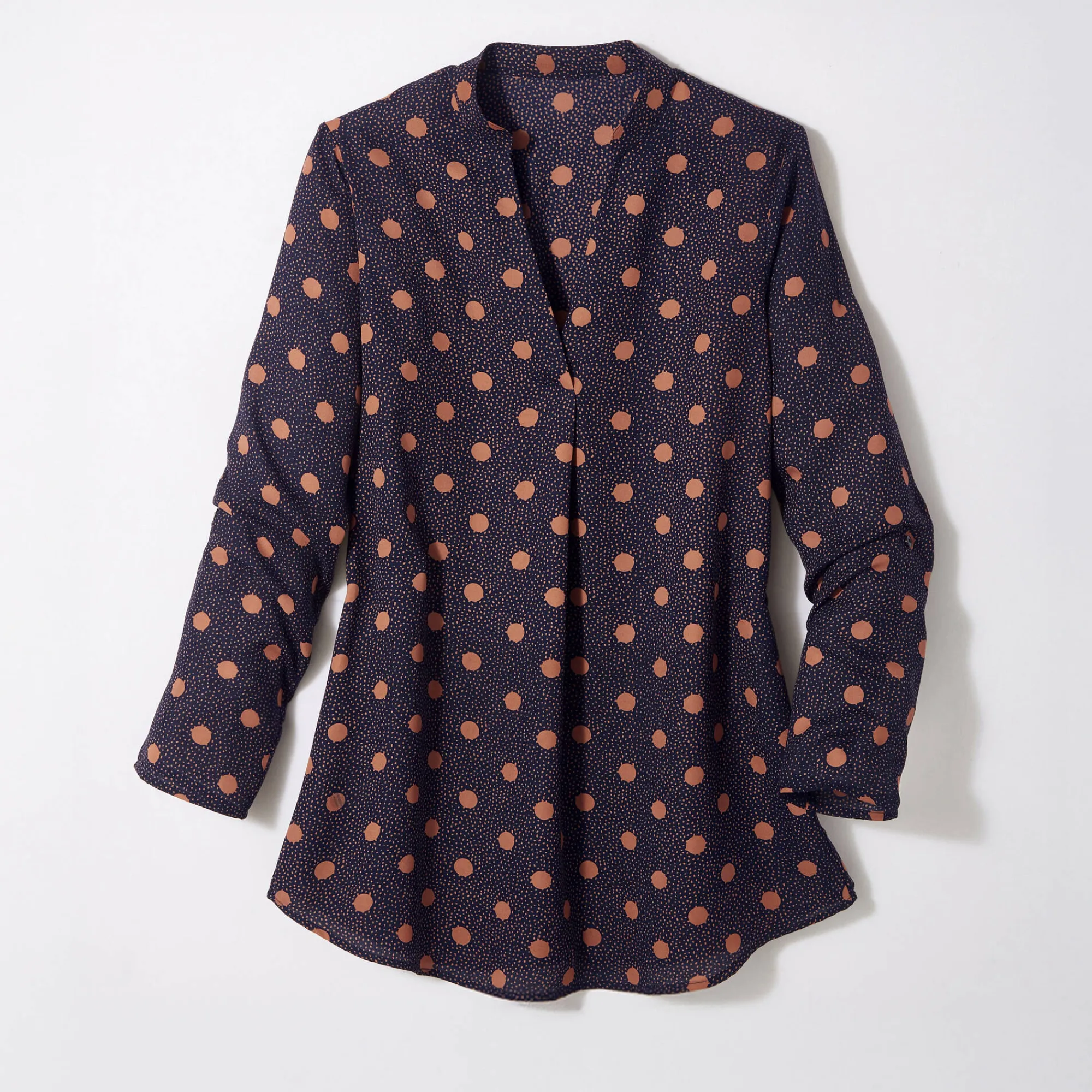 Bloes En Tuniek<Blancheporte Bloes met stippenprint en Tunesische hals, crêpe marine / hazelnootbruin