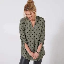 Bloes En Tuniek<Blancheporte Bloes met stippenprint en Tunesische hals, crêpe kaki / zwart