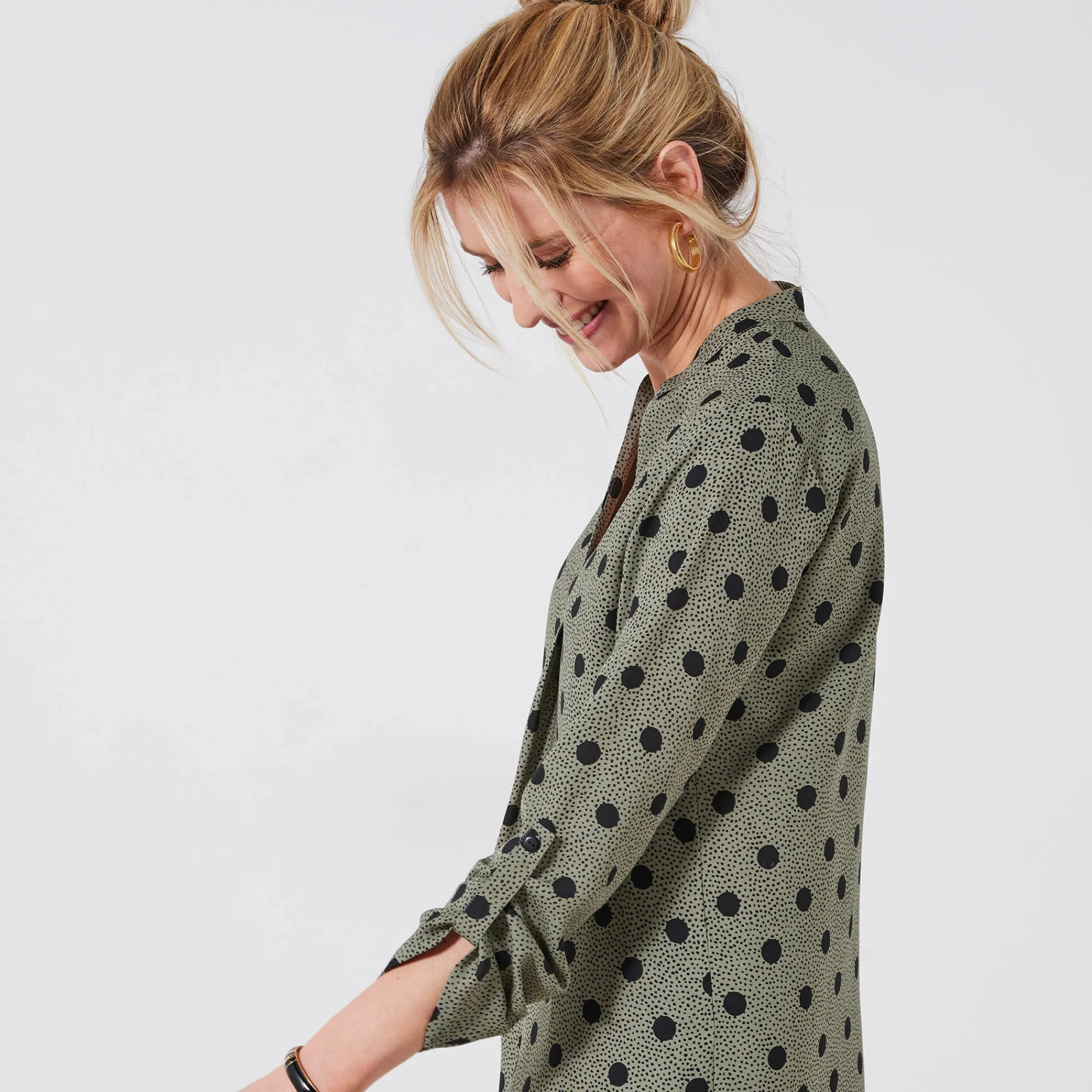 Bloes En Tuniek<Blancheporte Bloes met stippenprint en Tunesische hals, crêpe kaki / zwart
