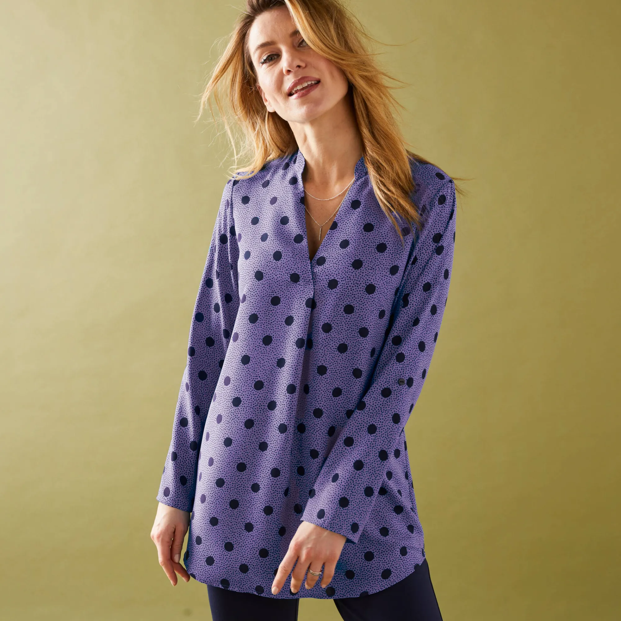 Bloes En Tuniek<Blancheporte Bloes met stippenprint en Tunesische hals, crêpe parma / marine