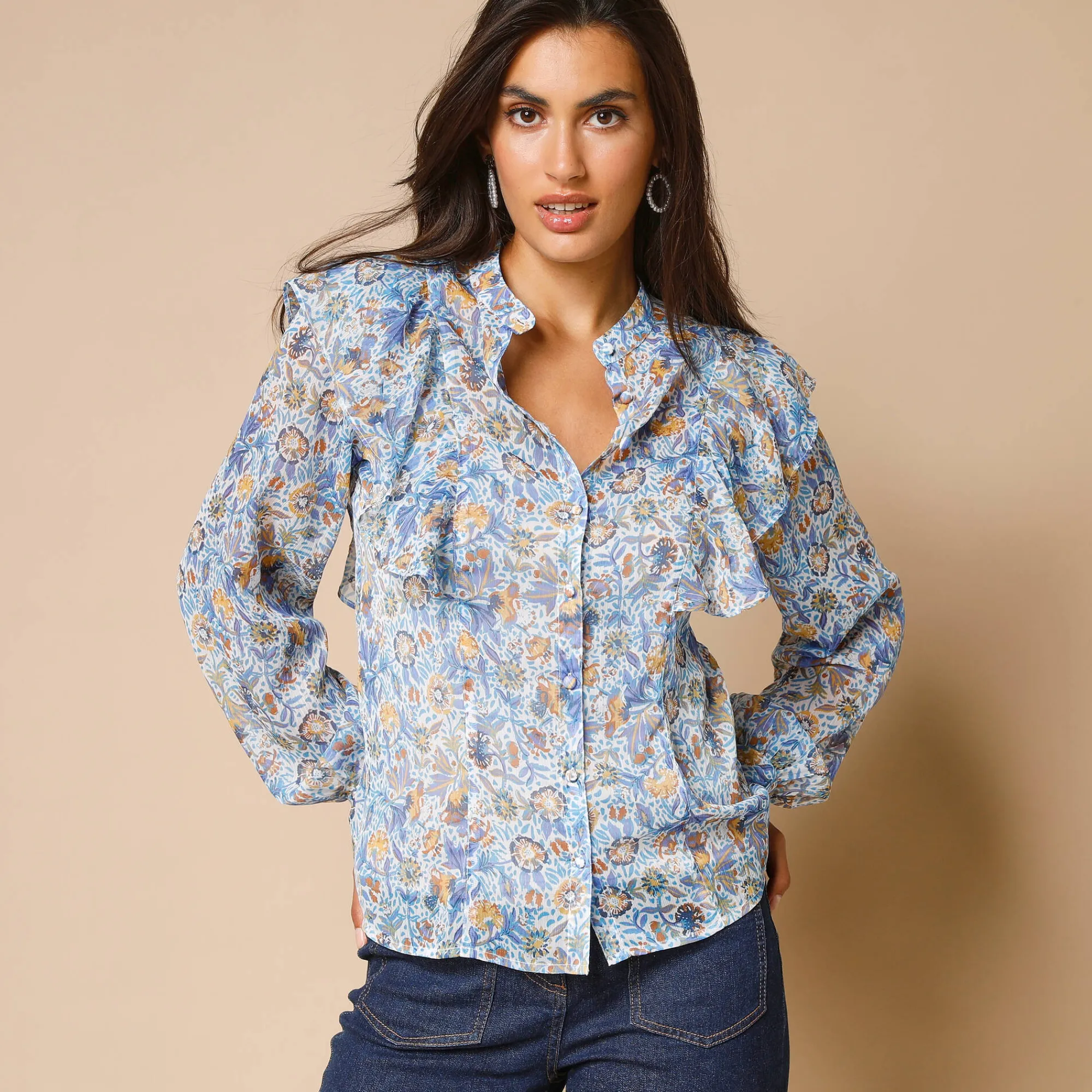 Bloes En Tuniek<Blancheporte Bloes met stroken, bedrukte voile ecru / blauw