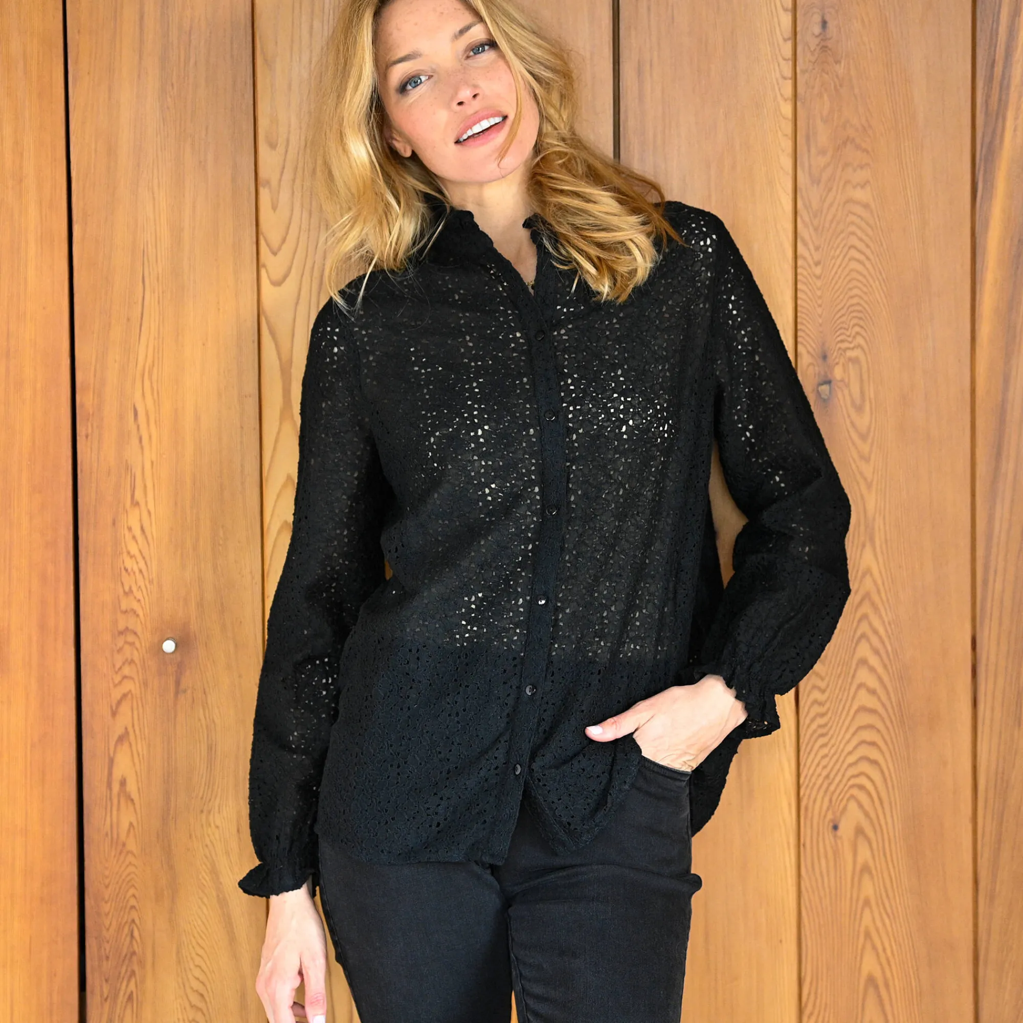 Feestoutfits Dames|Bloes En Tuniek<Blancheporte Bloes met stroken op en opstaande kraag, kant zwart