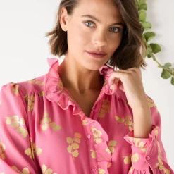 Feestoutfits Dames|Bloes En Tuniek<Blancheporte Bloes met strook, voile met gouden print roze