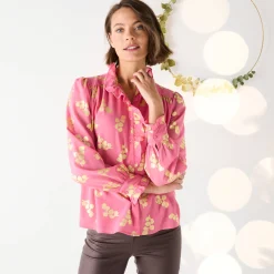 Feestoutfits Dames|Bloes En Tuniek<Blancheporte Bloes met strook, voile met gouden print roze