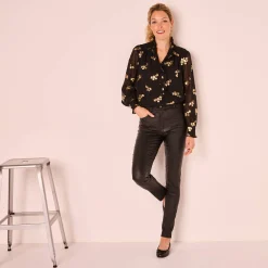 Feestoutfits Dames|Bloes En Tuniek<Blancheporte Bloes met strook, voile met gouden print zwart