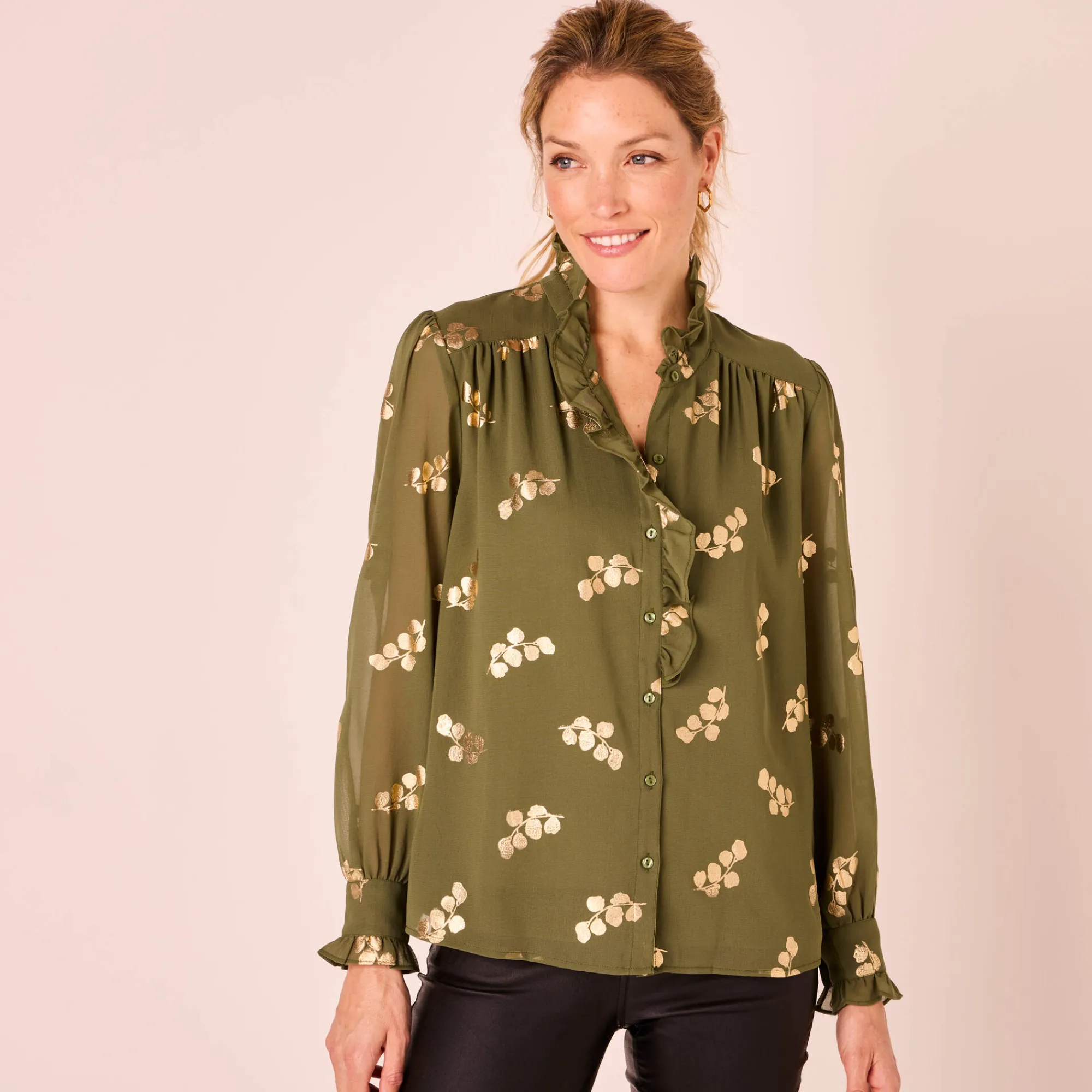 Feestoutfits Dames|Bloes En Tuniek<Blancheporte Bloes met strook, voile met gouden print kaki