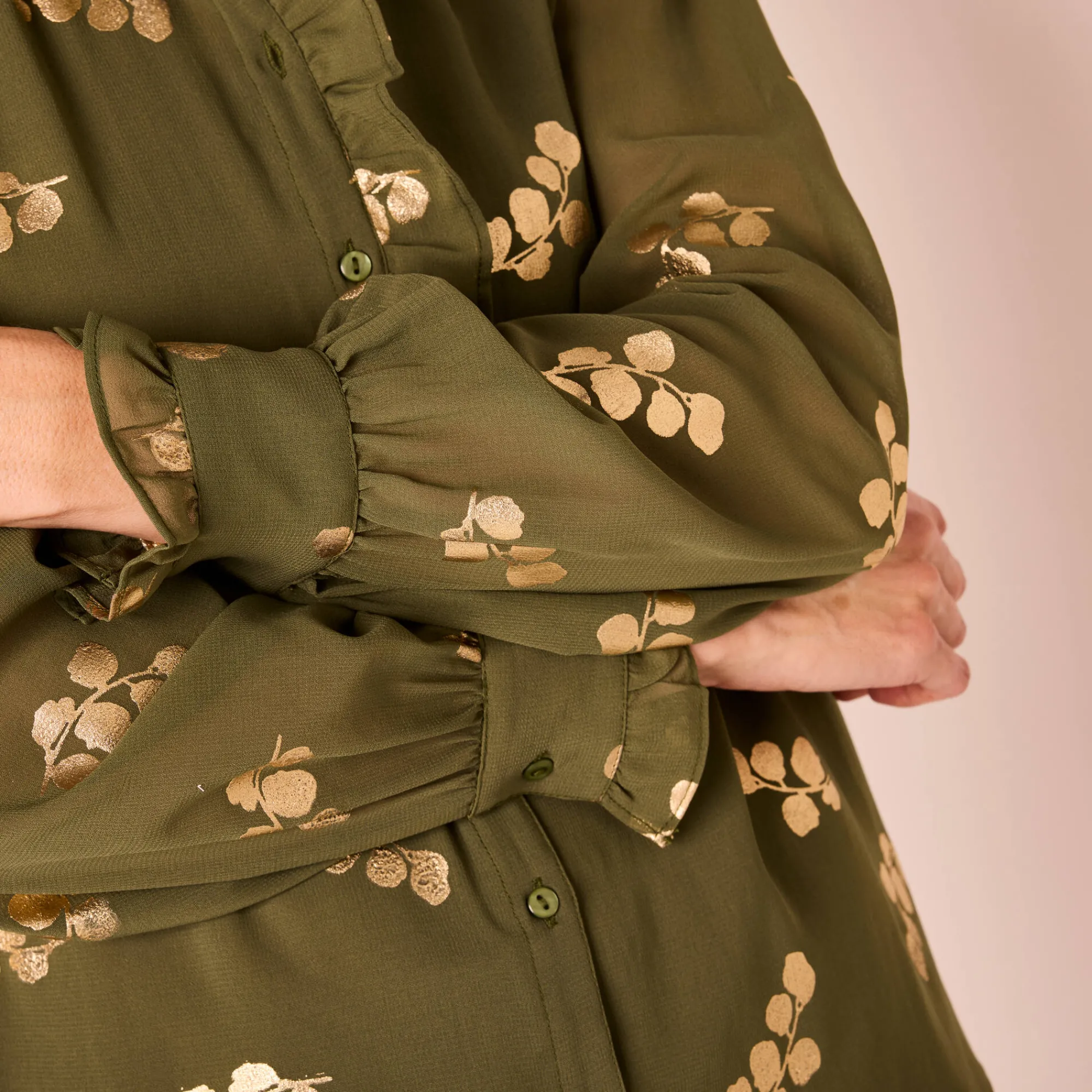 Feestoutfits Dames|Bloes En Tuniek<Blancheporte Bloes met strook, voile met gouden print kaki