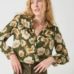 Bloes En Tuniek<Blancheporte Bloes met strookjes en bloemenprint, crepon kaki