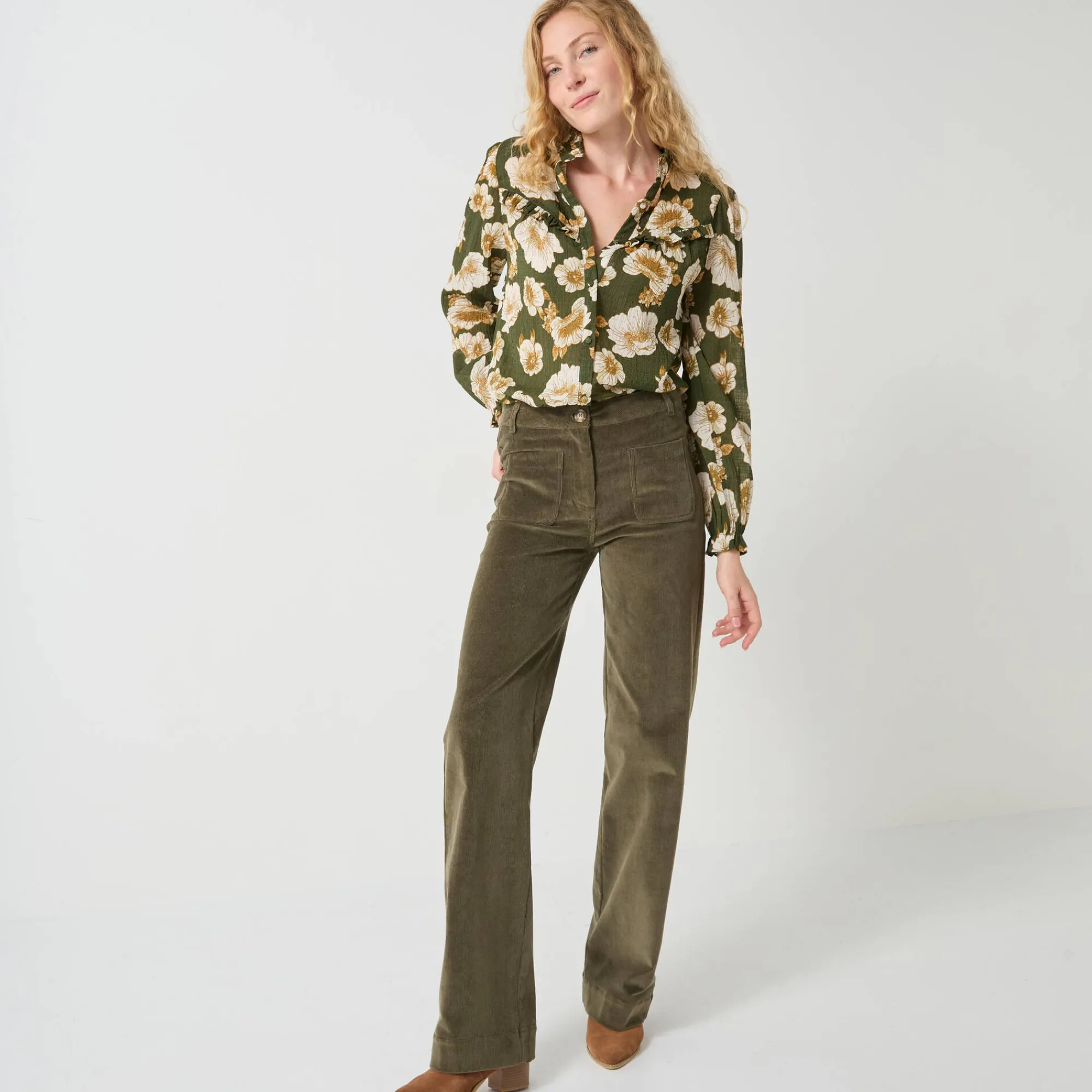 Bloes En Tuniek<Blancheporte Bloes met strookjes en bloemenprint, crepon kaki