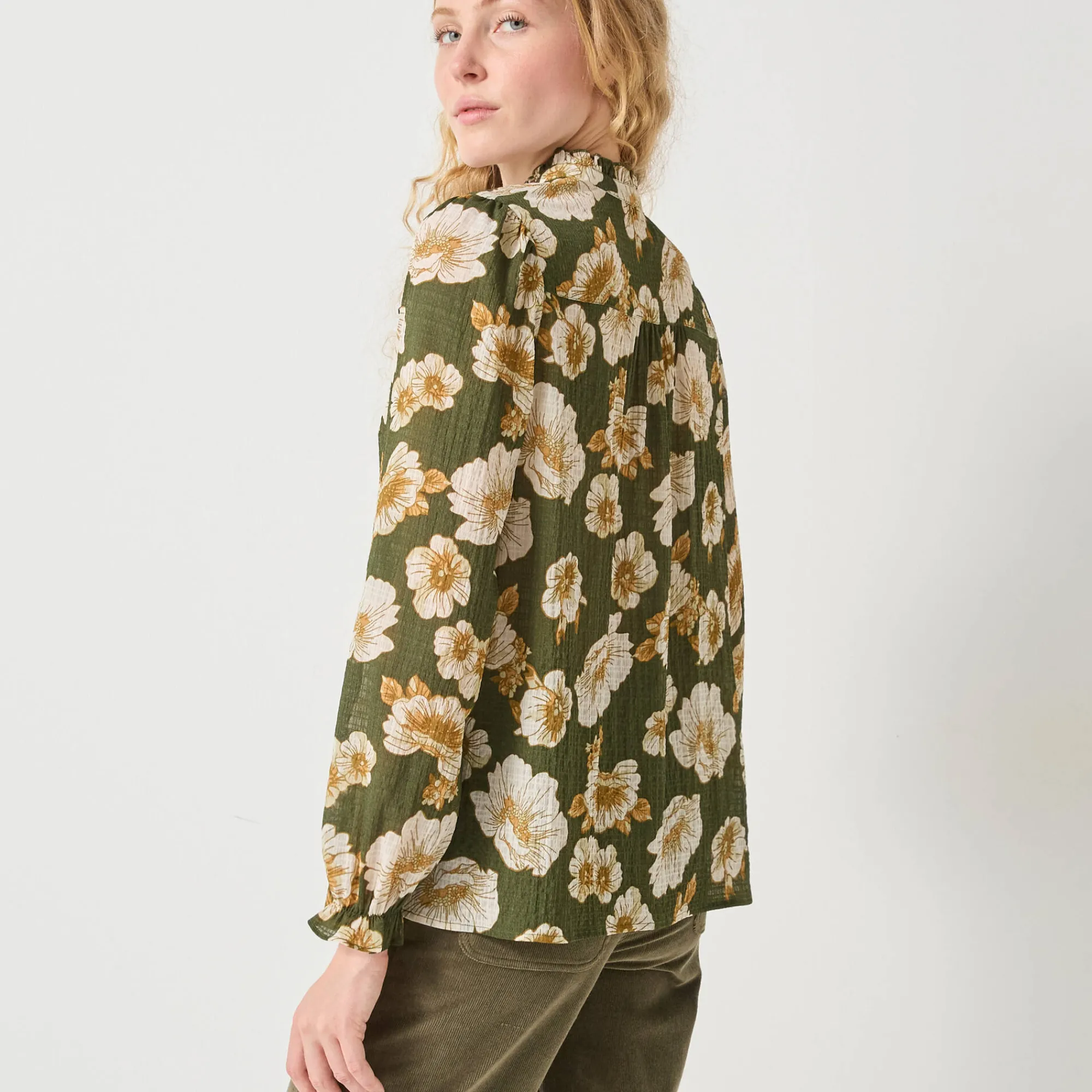 Bloes En Tuniek<Blancheporte Bloes met strookjes en bloemenprint, crepon kaki