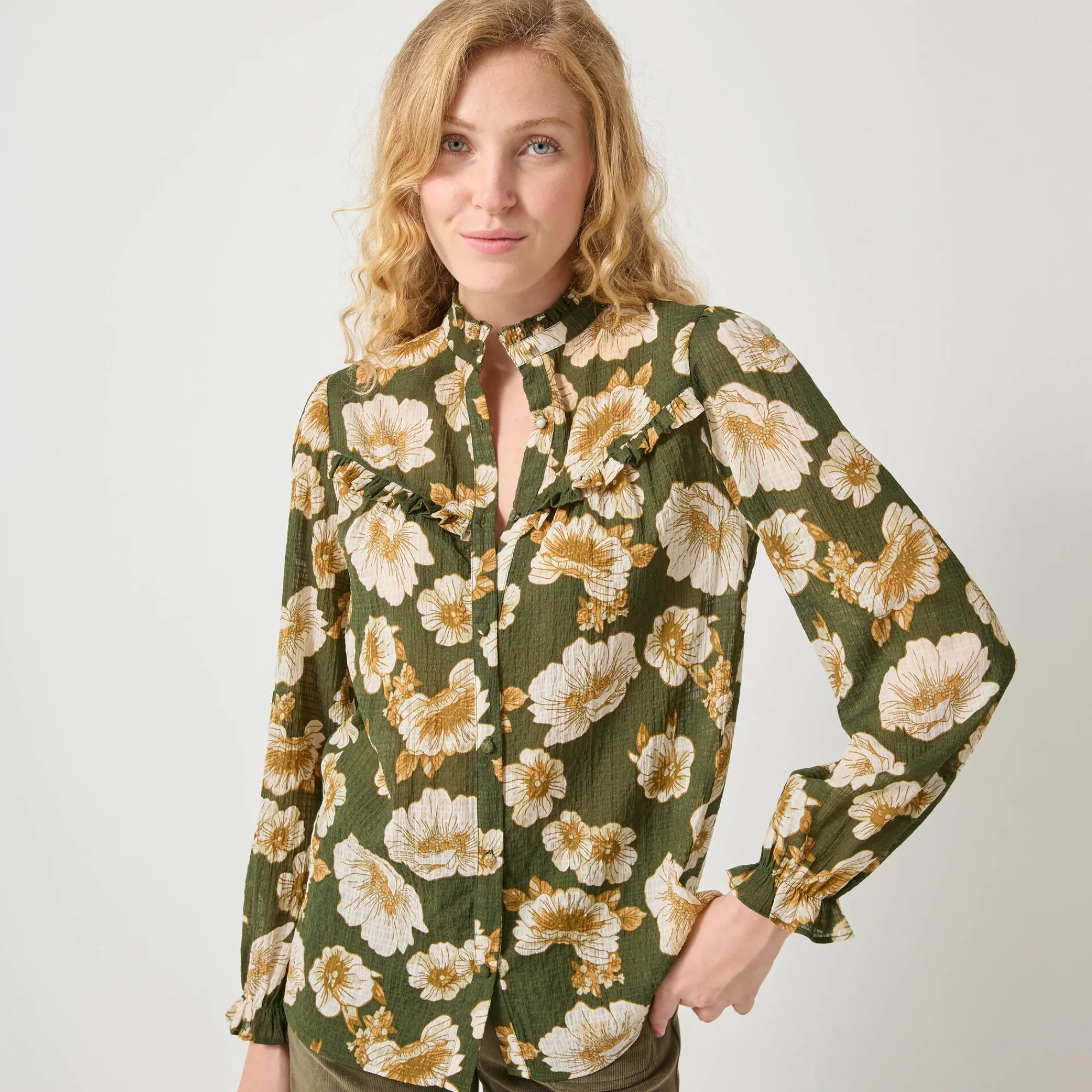 Bloes En Tuniek<Blancheporte Bloes met strookjes en bloemenprint, crepon kaki