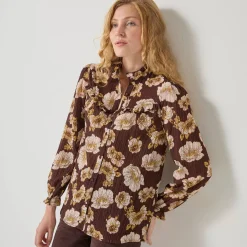 Bloes En Tuniek<Blancheporte Bloes met strookjes en bloemenprint, crepon chocolade