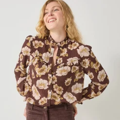 Bloes En Tuniek<Blancheporte Bloes met strookjes en bloemenprint, crepon chocolade