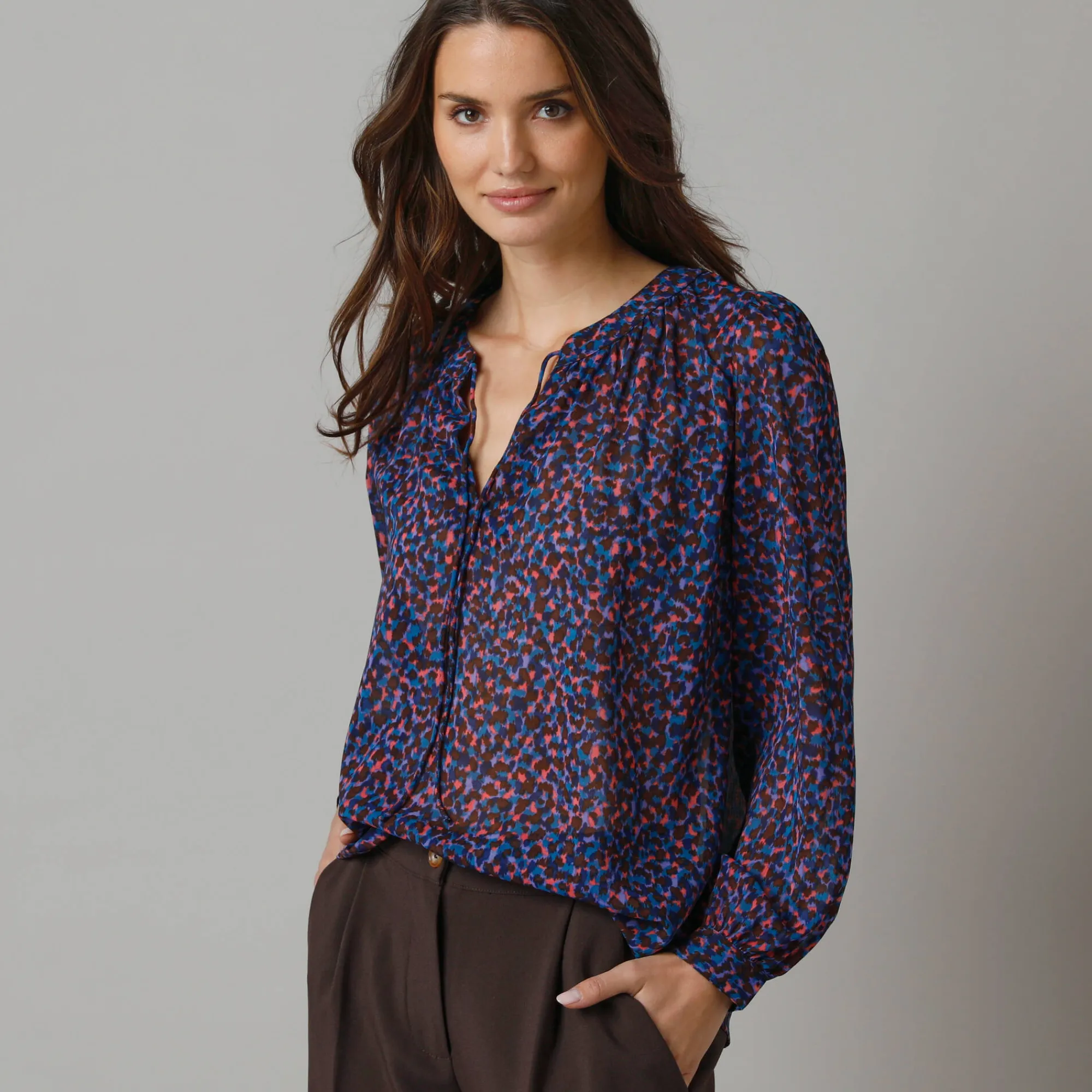 Feestoutfits Dames|Bloes En Tuniek<Lora Zellini Bloes met Tunesische hals en dierenhuidprint, lange mouwen veelkleurig