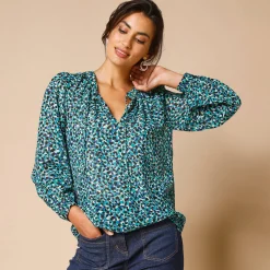 Bloes En Tuniek<Lora Zellini Bloes met Tunesische hals en dierenhuidprint, lange mouwen groen / blauw