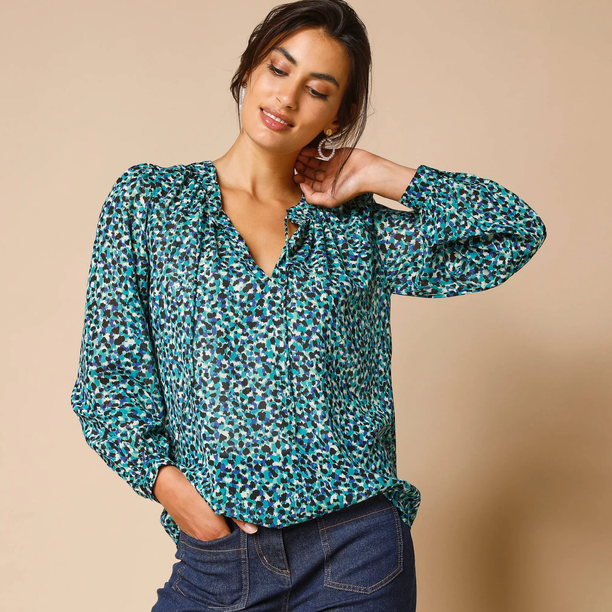 Bloes En Tuniek<Lora Zellini Bloes met Tunesische hals en dierenhuidprint, lange mouwen groen / blauw