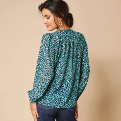 Bloes En Tuniek<Lora Zellini Bloes met Tunesische hals en dierenhuidprint, lange mouwen groen / blauw