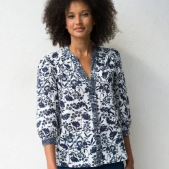 Bloes En Tuniek<Blancheporte Bloes met Tunesische hals en 3/4-mouwen, tweekleurige print ecru / marine