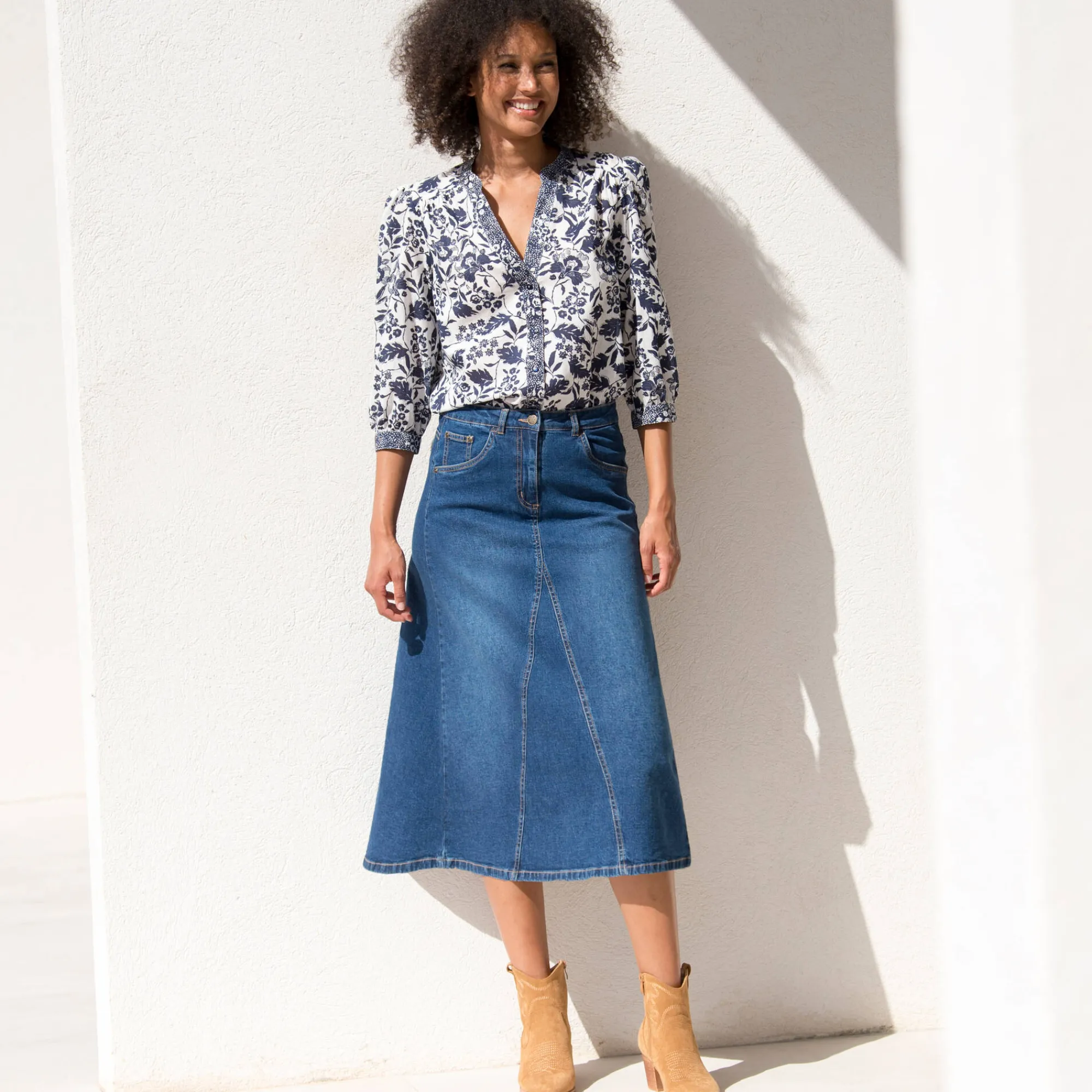 Bloes En Tuniek<Blancheporte Bloes met Tunesische hals en 3/4-mouwen, tweekleurige print ecru / marine