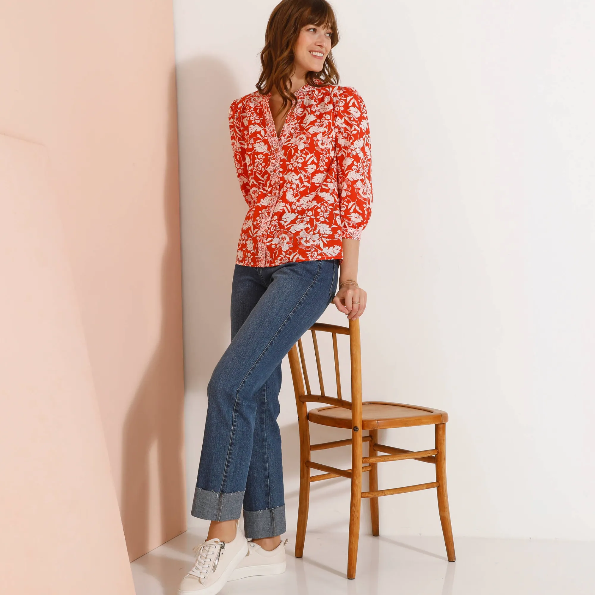 Bloes En Tuniek<Blancheporte Bloes met Tunesische hals en 3/4-mouwen, tweekleurige print terracotta / ecru
