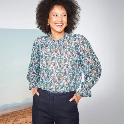 Bloes En Tuniek<Blancheporte Bloes met Victoriaanse kraag, voile met bloemenprint nachtblauw / groen