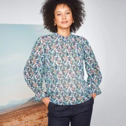 Bloes En Tuniek<Blancheporte Bloes met Victoriaanse kraag, voile met bloemenprint nachtblauw / groen