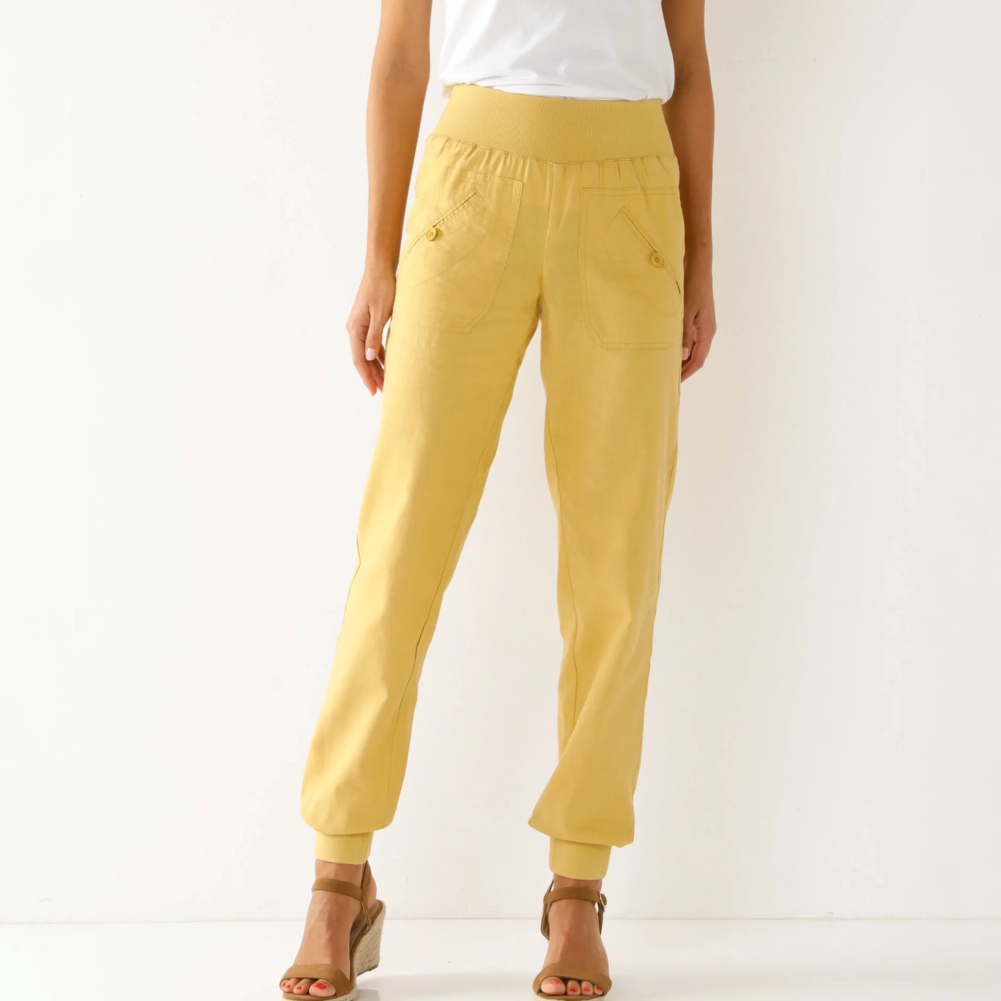 Broek<Blancheporte Bloezende broek met elastische taille, linnen-katoen oker