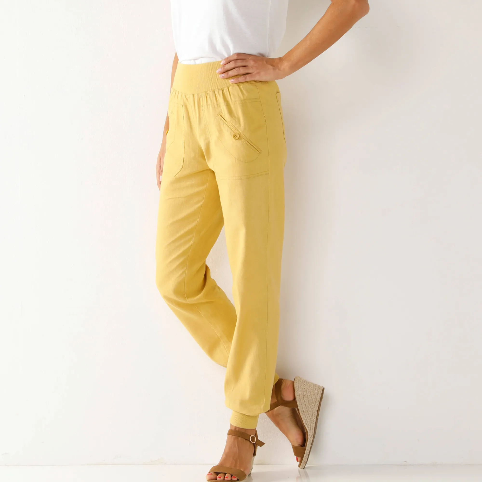 Broek<Blancheporte Bloezende broek met elastische taille, linnen-katoen oker