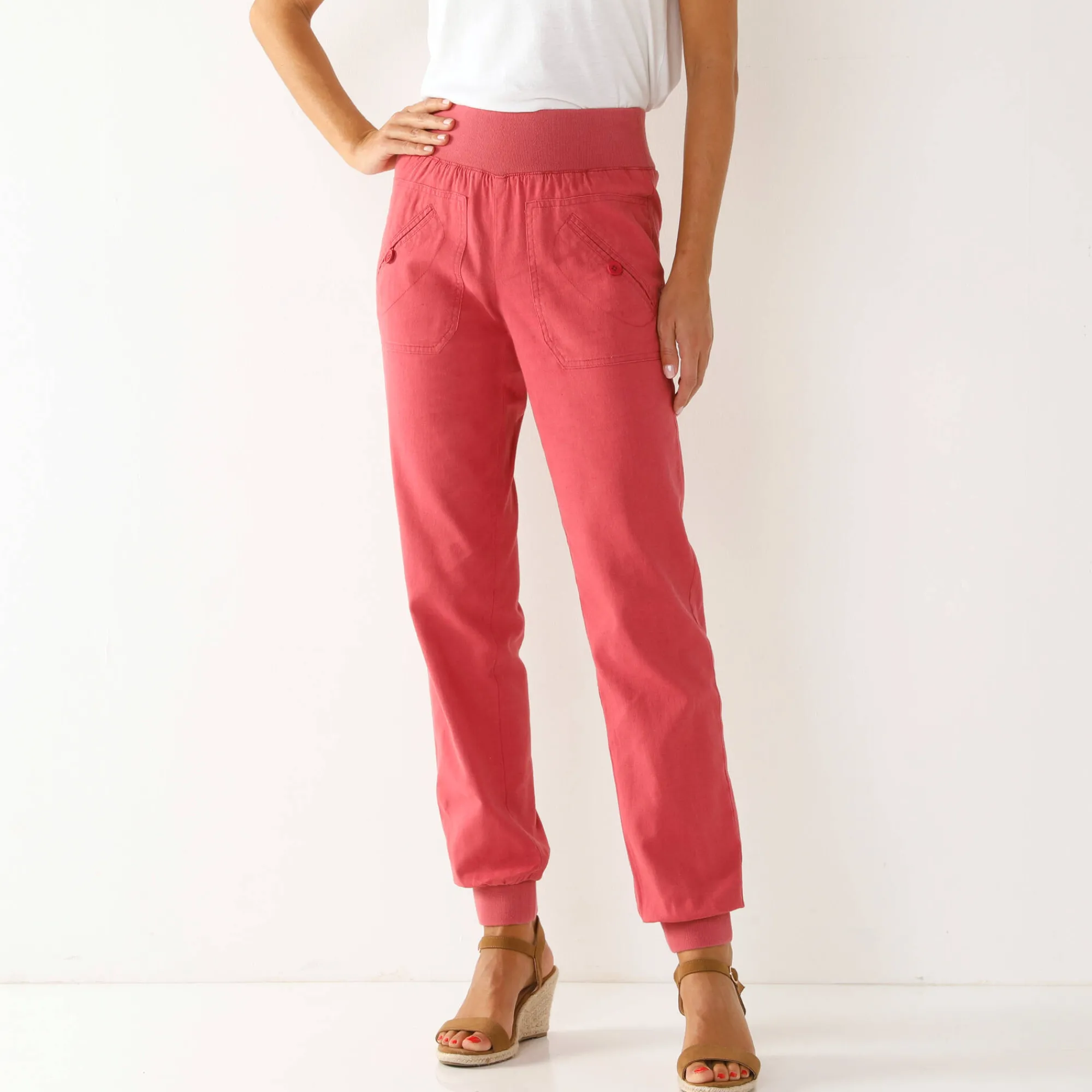 Broek<Blancheporte Bloezende broek met elastische taille, linnen-katoen framboos
